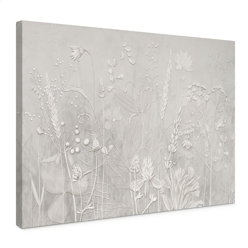 Lienzo con relieve de flores - Plantas en blanco en diseño moderno - Ms Tiff