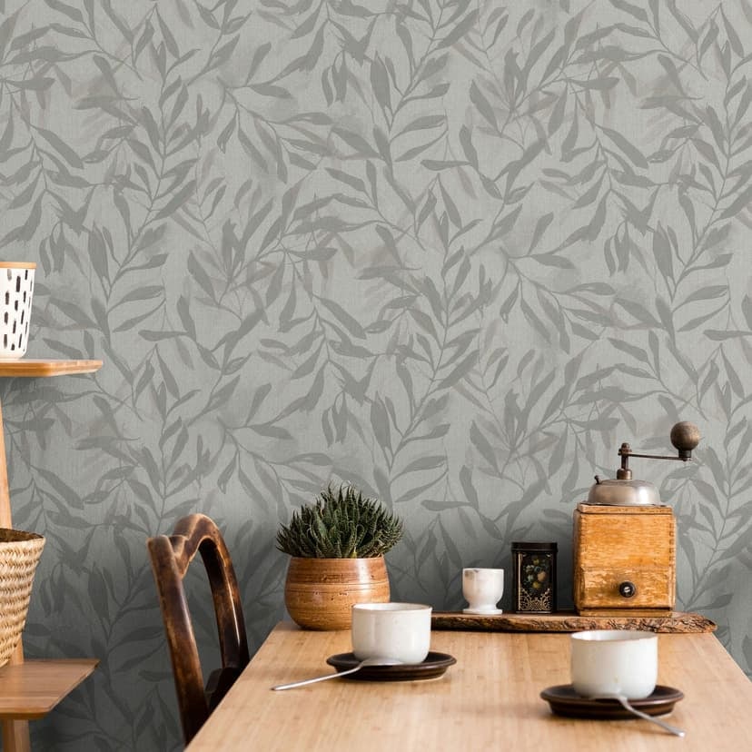 Papel pintado no tejido de color beige gris hojas aspecto vintage floral naturaleza