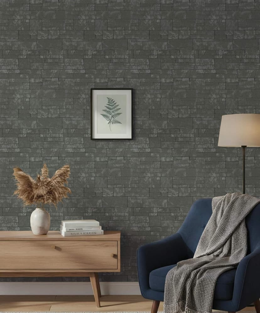 Papel pintado no tejido efecto piedra moderno, naturaleza en antracita