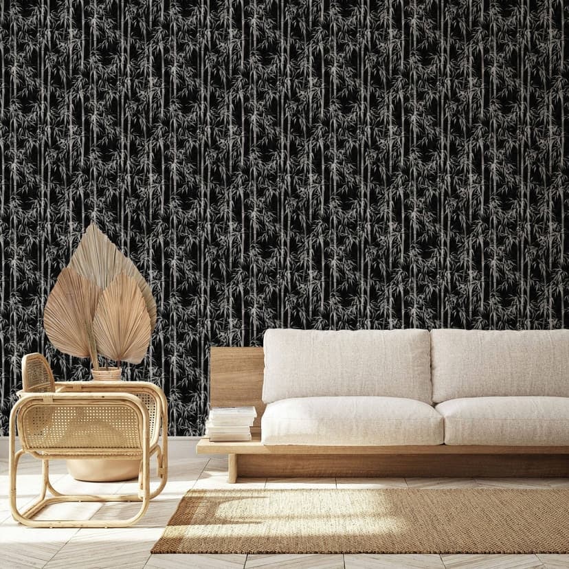 Papel pintado no tejido de color negro, blanco hojas de bambú naturaleza floral