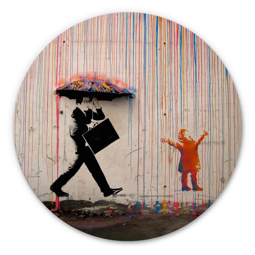 Cuadro de madera Banksy - Lluvia de colores - Redondo