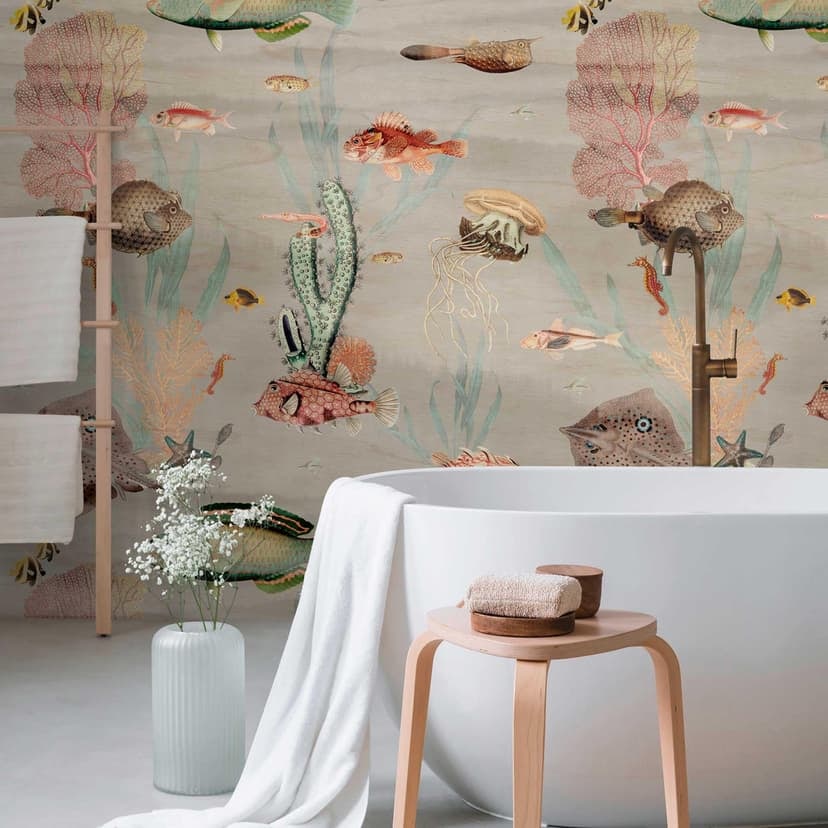 Papel pintado submarino vintage colorido - papel pintado tejido-no tejido con peces para salón & cuarto de baño