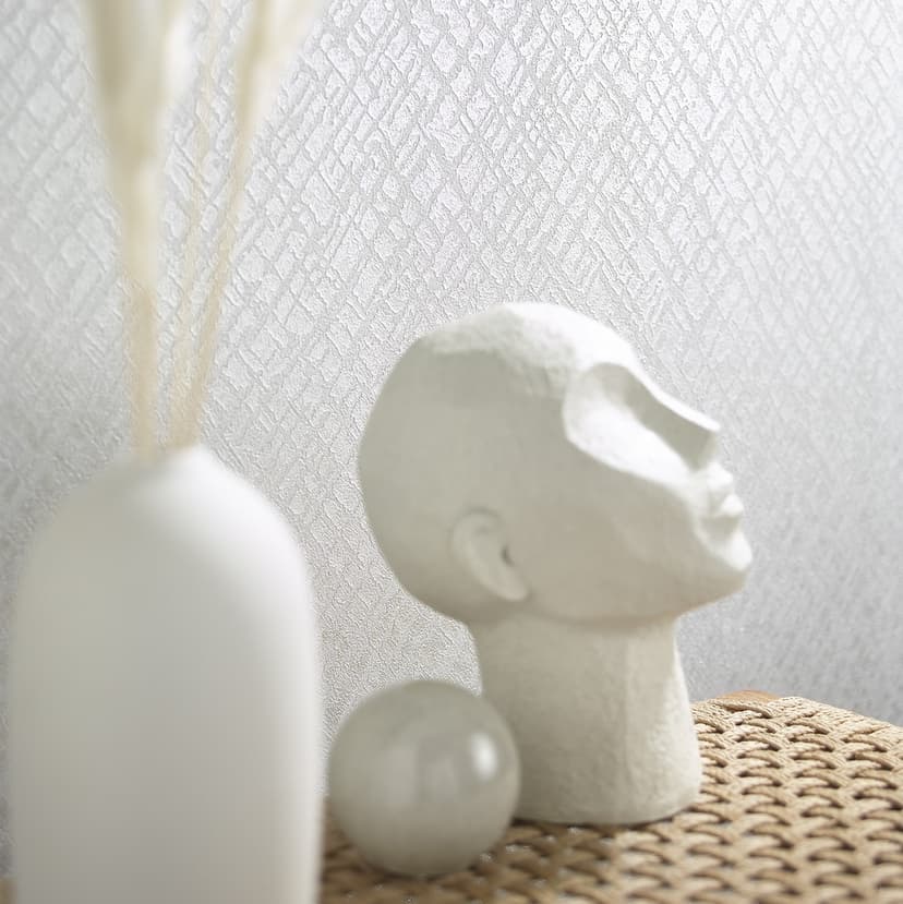 Papel pintado no tejido con motivo de celosía blanco brillante, textura perlada