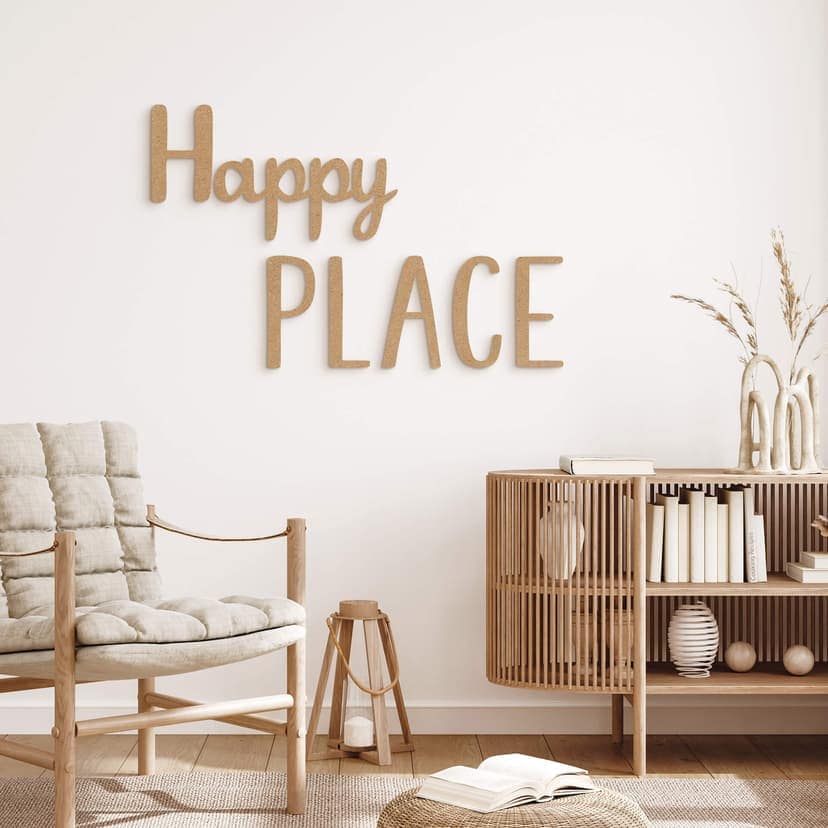 letra decorativa 3D Happy Place - MDF naturaleza