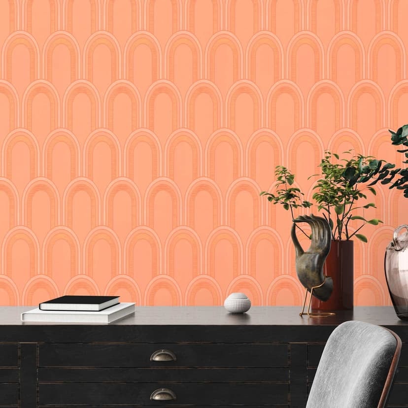 Papel pintado estampado con arcos estilo art deco naranja blanco - papel pintado grafico estilo retro