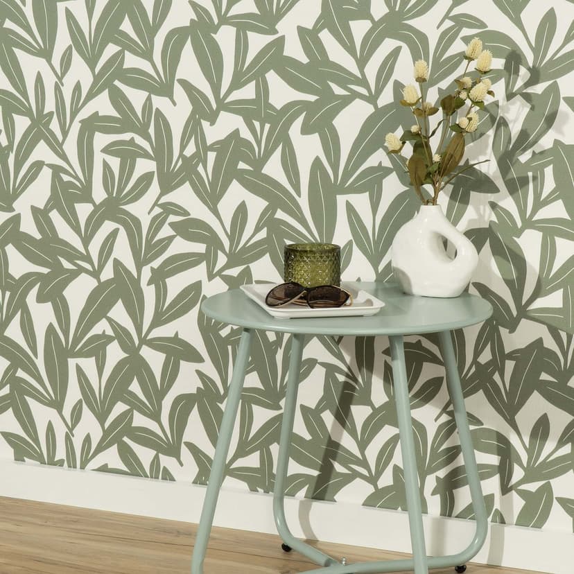 Papel pintado no tejido, papel pintado motivo floral La Terrasse verde, crema