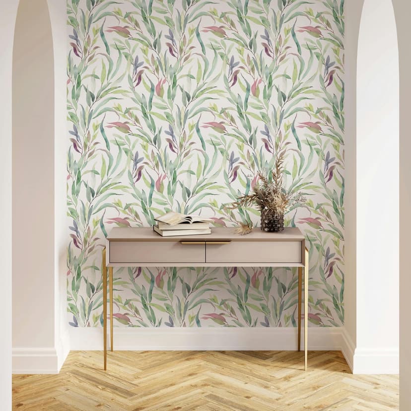 Papel pintado no tejido hojas naturaleza floral mate en blanco verde