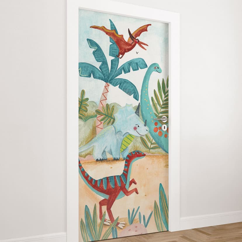 Vinilo para puerta de habitación infantil - Coloridos dinosaurios en el bosque primitivo - Bonne Mül