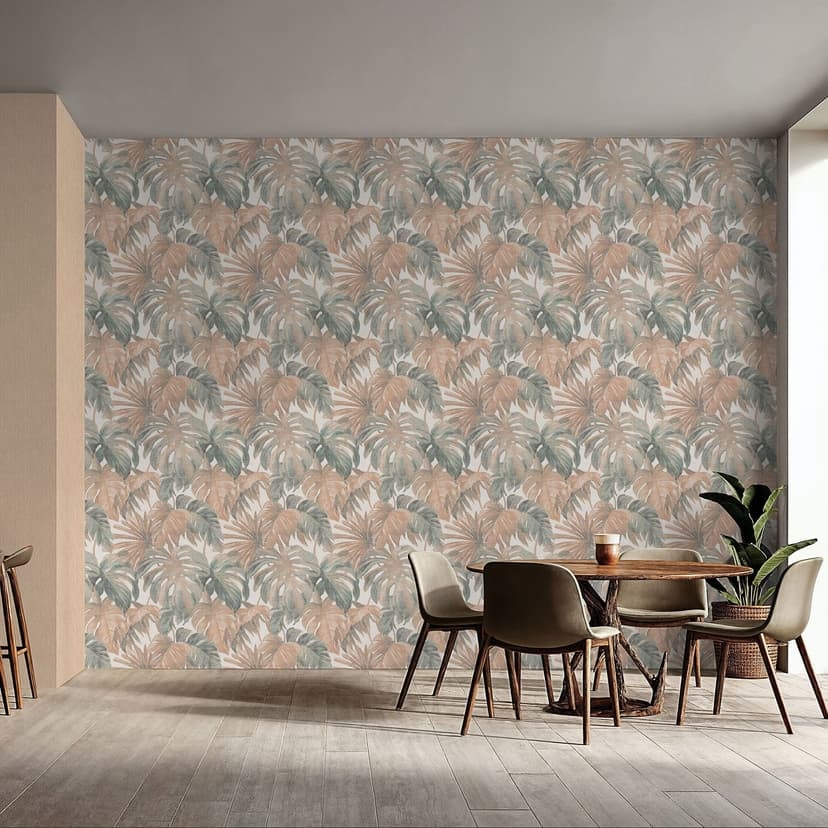 Papel pintado no tejido hojas en beige azul greige tropical moderno con aspecto de monstera