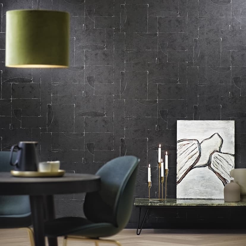 Papel pintado no tejido con aspecto de escayola en gráfico negro teja