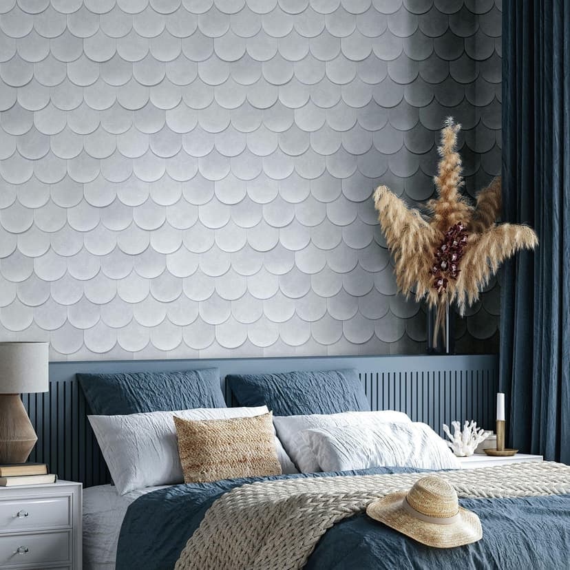 Papel pintado no tejido en gris azul 3D look escamas vintage usado look geométrico