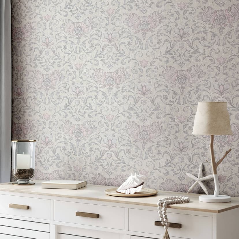 Papel pintado no tejido con flores, hojas ornamentales florales gris brillante