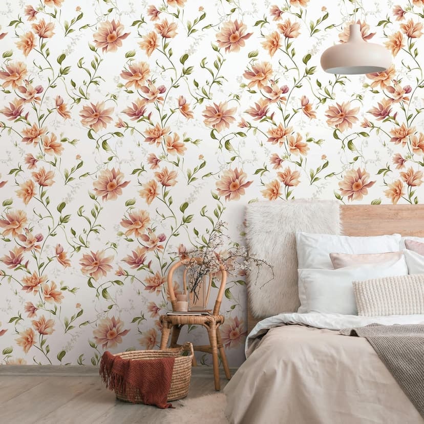 Papel pintado no tejido flores, hojas naturaleza floral mate en blanco naranja