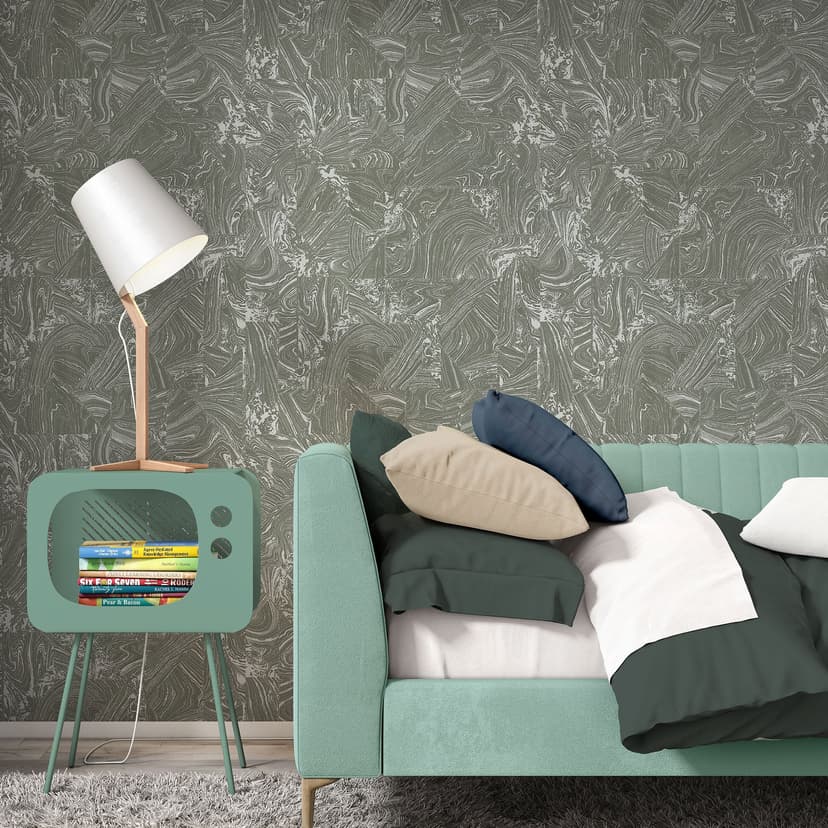 Papel pintado gráfico no tejido, sin PVC, con aspecto de mármol y efecto metálico en gris