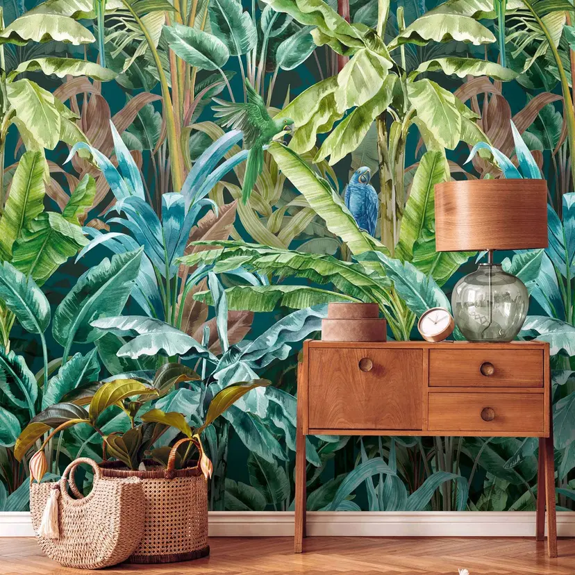 Fotomural selva palmeras verde azul con loro papel pintado no tejido sala de estar