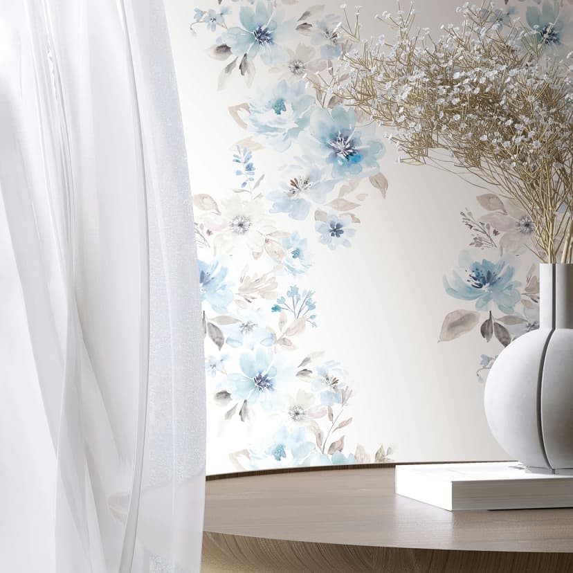 Papel pintado no tejido flores naturaleza floral, romántico mate en blanco azul