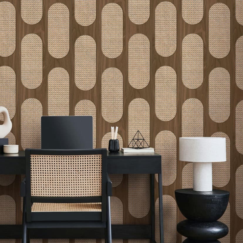 Papel pintado no tejido de color marrón beige aspecto madera textura madera geométrica