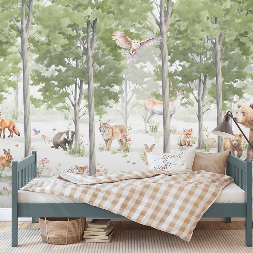 Fotomural animales del bosque verde blanco 3,75 x 2,50 m - Papel pintado no tejido para niños