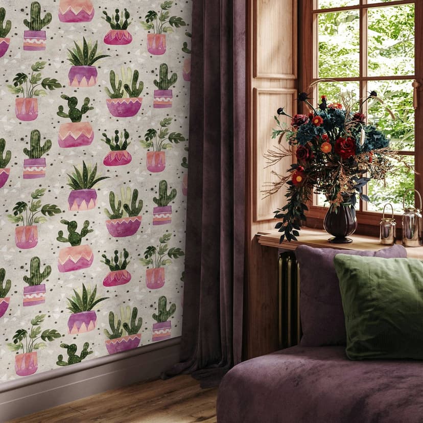 Papel pintado no tejido gris verde violeta flores plantas floral naturaleza moderno
