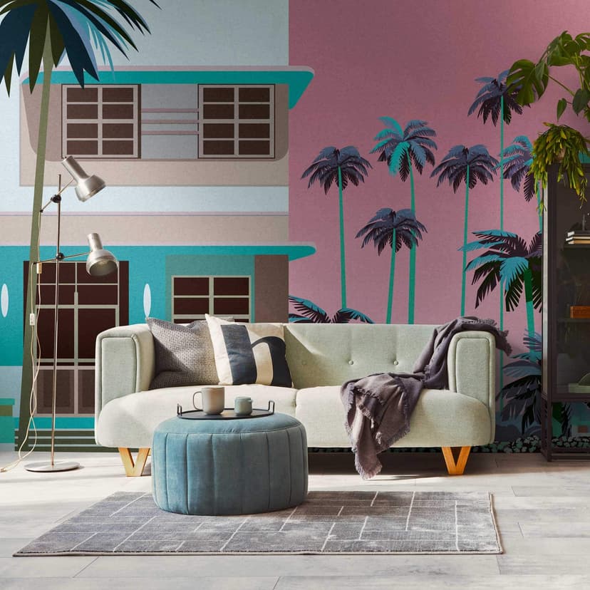 Miami retro colorido - Papel pintado tejido-no tejido con palmeras y casas para salón & oficina
