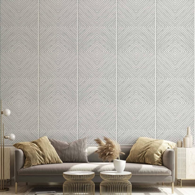 Papel pintado no tejido madera, aspecto madera geométrico, casa de campo mate en blanco
