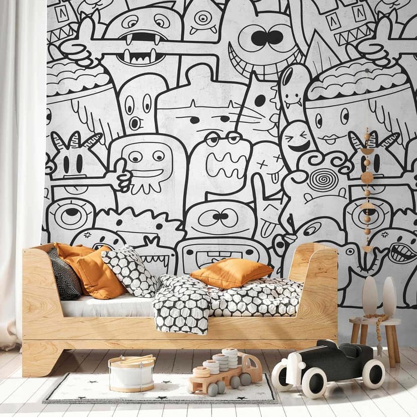 Papel pintado fotomural con personajes graciosos negro blanco - no tejido - papel pintado Dibujos animados - papel pintado