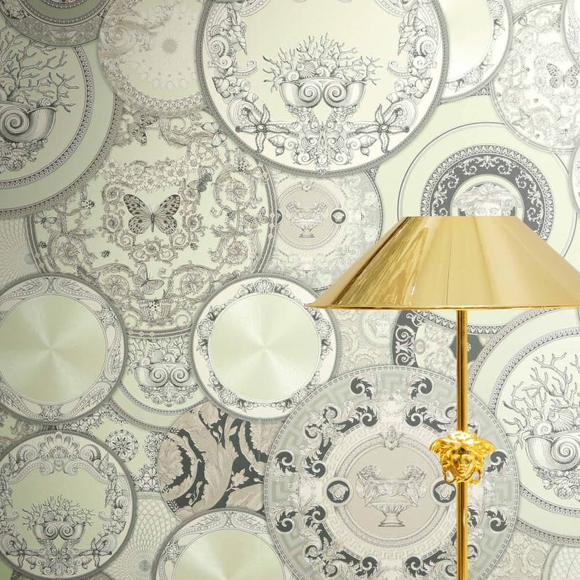 Papel pintado no tejido Versace Art De La Table Circles Meander Medusa Verde Gris Metalizado