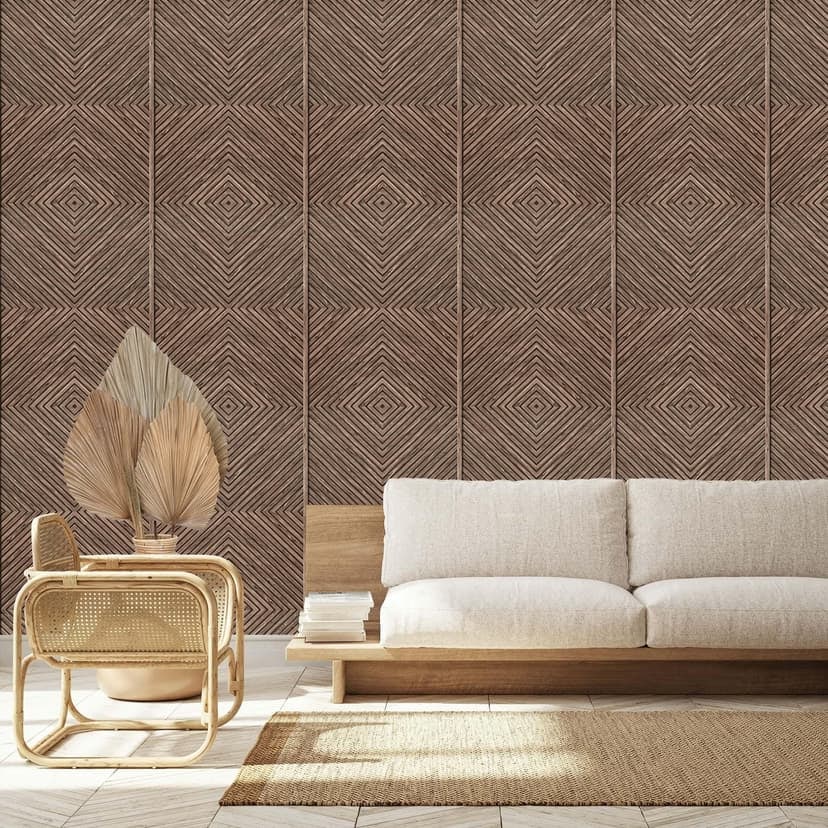 Papel pintado no tejido madera, aspecto madera geométrico, casa de campo mate en marrón
