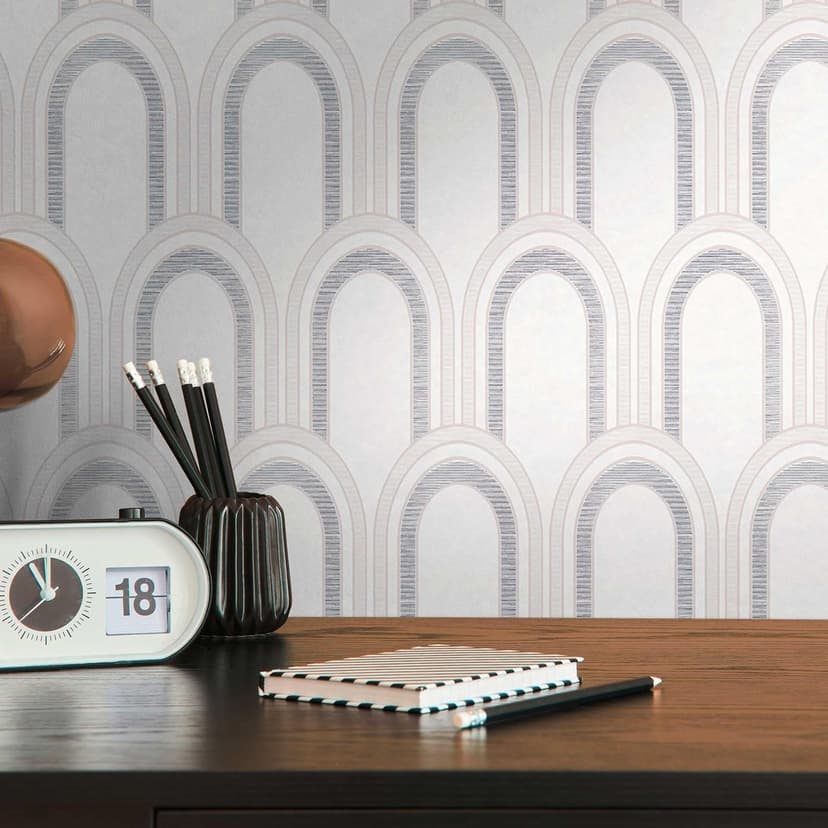 Papel pintado estampado con arcos estilo art deco blanco plata - papel pintado grafico estilo retro