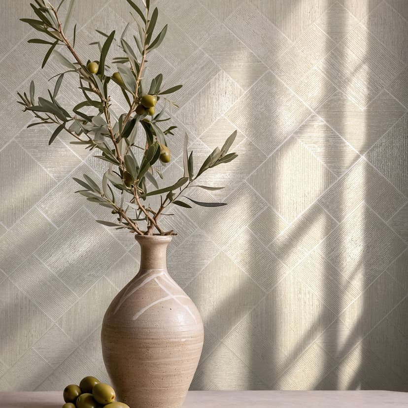 Papel pintado no tejido de color beige a cuadros, rombos gráficos geométricos