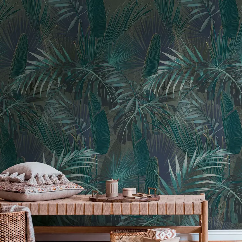 Fotomural selva verde oscuro azul no tejido papel pintado palmeras papel pintado hojas petróleo