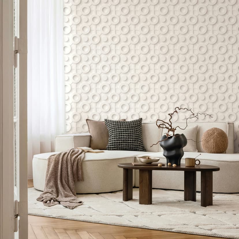 Papel pintado no tejido gráfico 3D aspecto moderno, círculos mate en blanco grisáceo