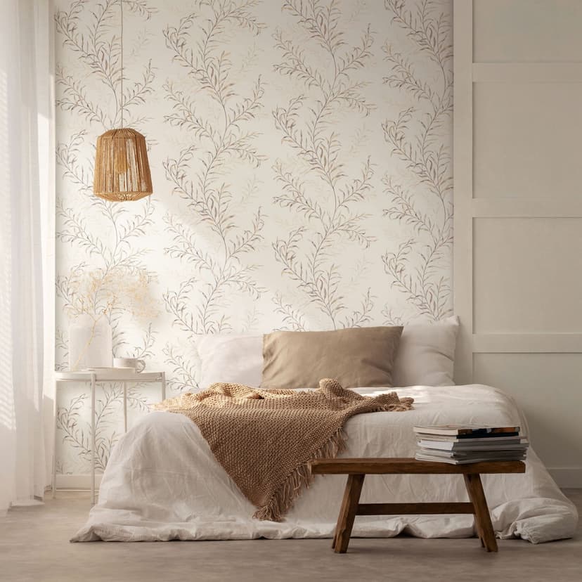 Papel pintado no tejido hojas naturaleza floral mate en blanco beige