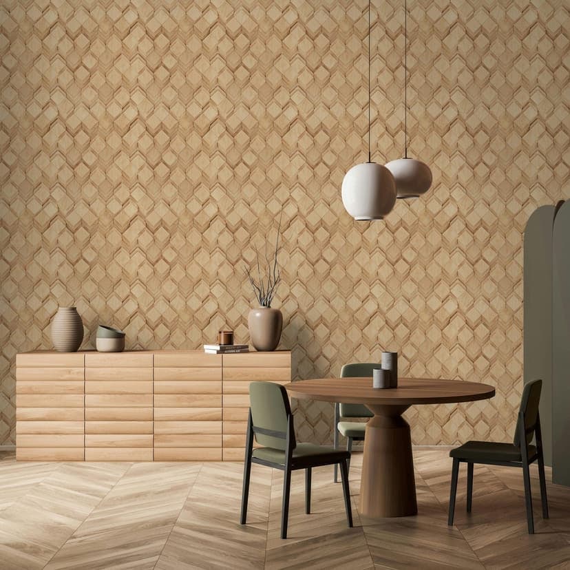 Papel pintado no tejido de color beige, marrón ilusión de rombos 3D aspecto moderno