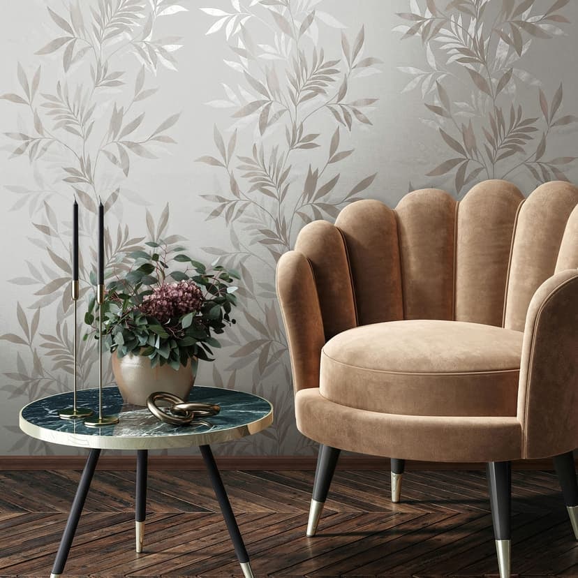 Papel pintado tejido-no tejido en blanco, beige motivo hoja aspecto floral naturaleza