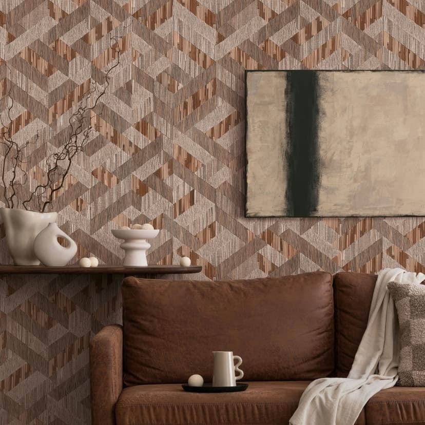 Papel pintado no tejido efecto madera 3D casa de campo mate en marrón