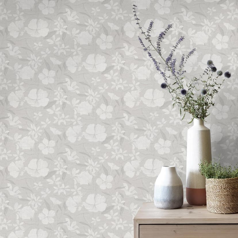 Papel pintado no tejido, papel pintado motivo floral La Terrasse gris claro