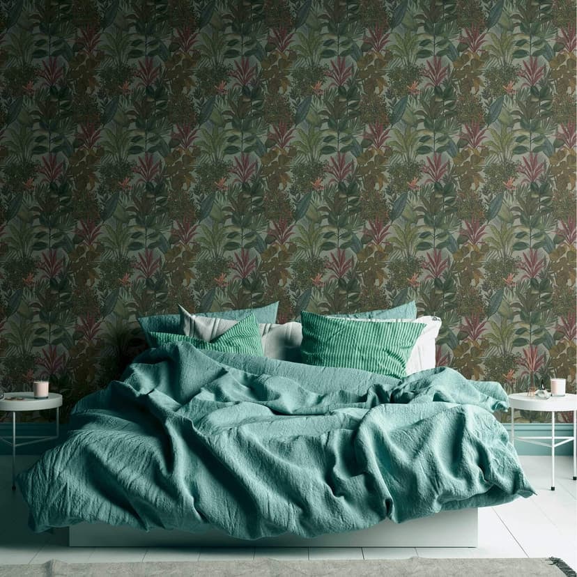 Papel pintado estampado plantas y hierbas verde rojo - papel pintado selva con hojas