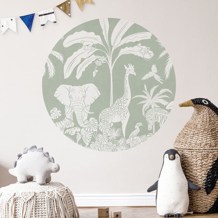 Vinilo decorativo de animales de la selva en verde tropical - Kikki Belle - Redondo
