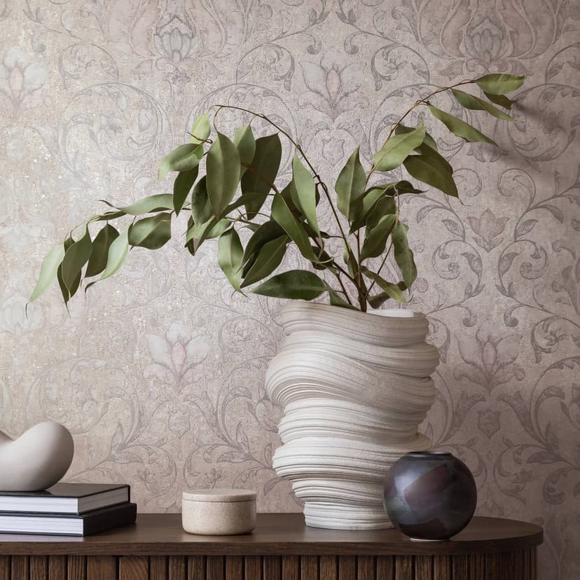 Papel pintado no tejido con flores, hojas ornamentales beige brillante, gris floral