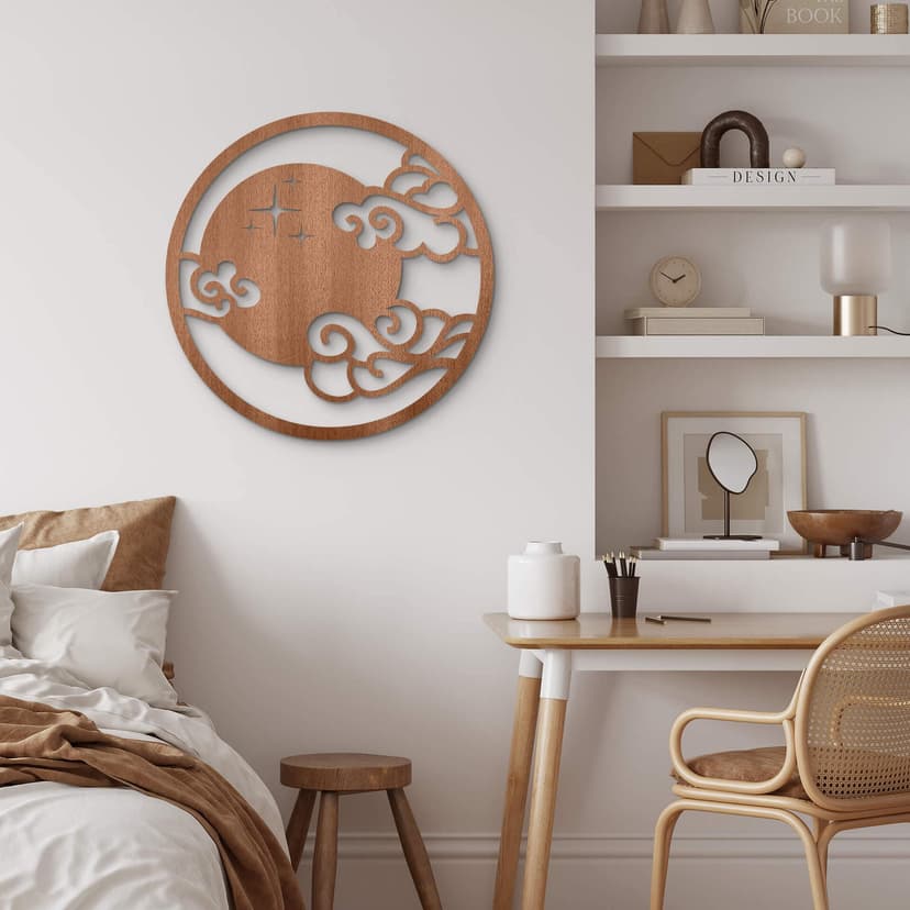 Decoración en madera caoba - Luna con nubes - Redonda