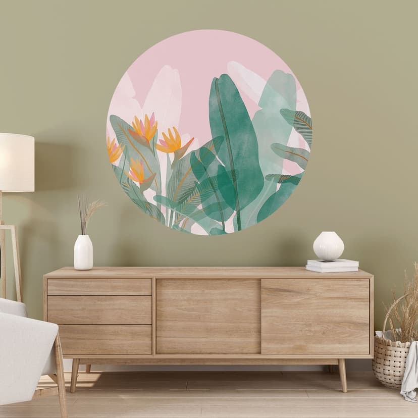 Vinilo decorativo de pared Ilustración botánica en verde y rosa - Goed Blauw - Redondo