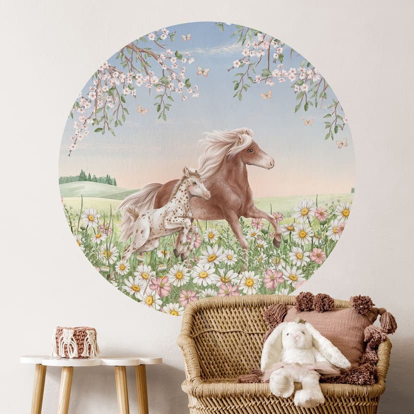 Vinilo decorativo infantil Caballos en el prado de flores - Kikki Belle - Redondo