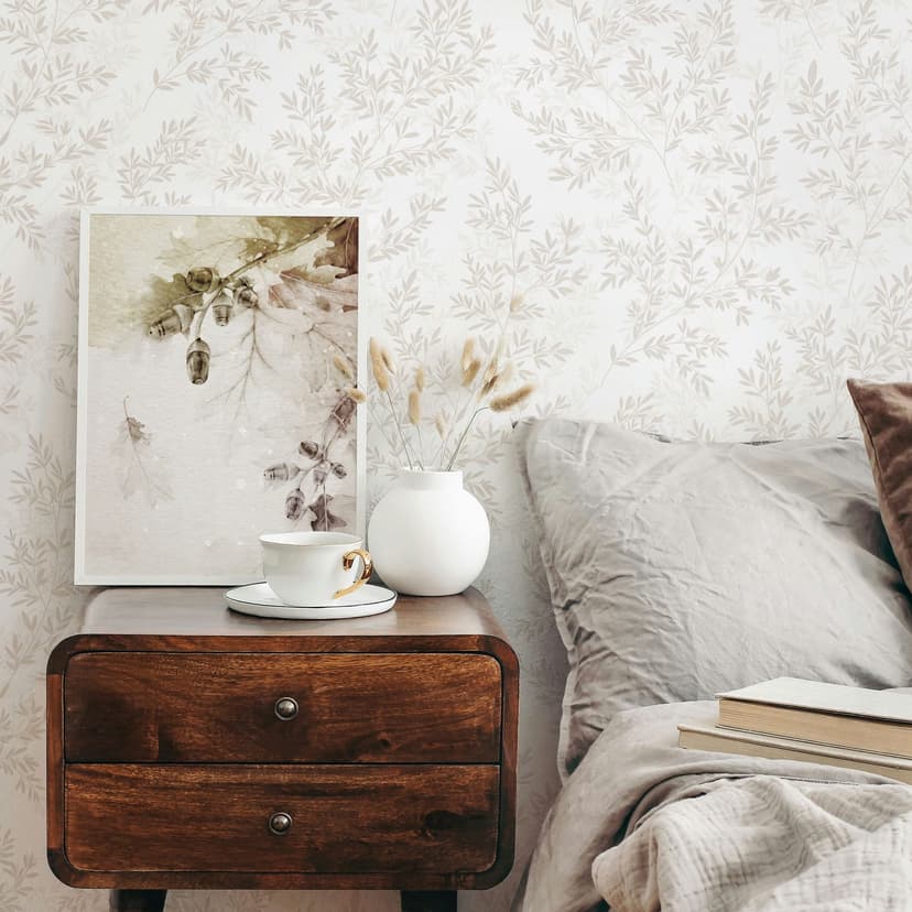 Papel pintado no tejido hojas naturaleza floral mate en blanco beige