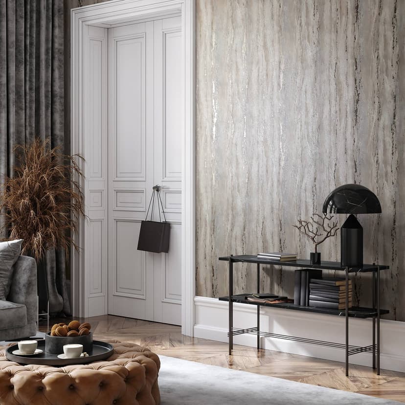 Papel pintado no tejido con textura gruesa y brillante de color beige y aspecto de yeso gris
