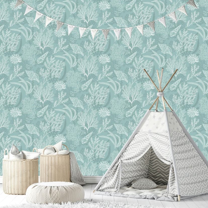 Papel pintado no tejido en blanco, conchas verdes naturaleza gráfica submarina