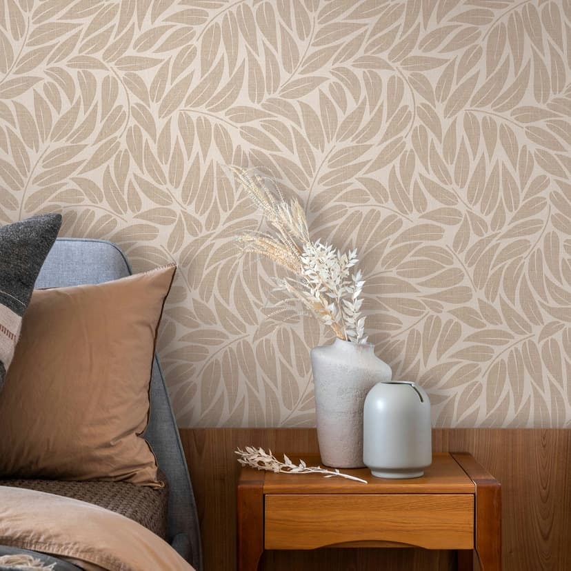 Papel pintado no tejido hojas naturaleza floral mate en beige marrón