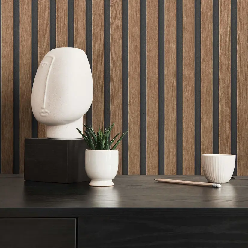 Papel pintado efecto madera marrón no tejido 3D paneles madera escandinavo moderno