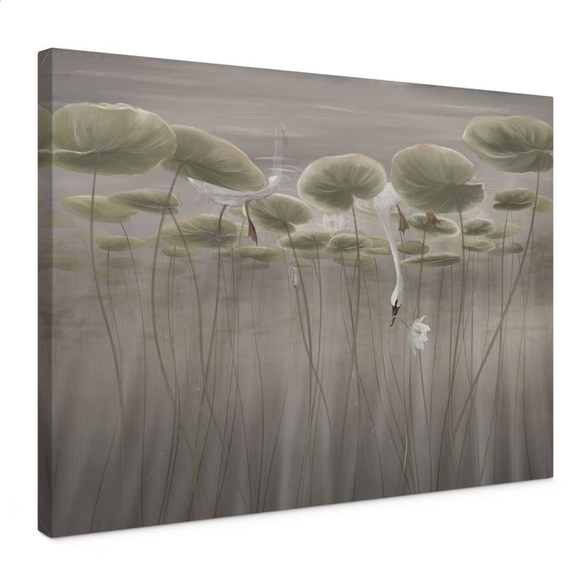 Lienzo flores de loto con cisne en el agua en gris - Ms Tiff