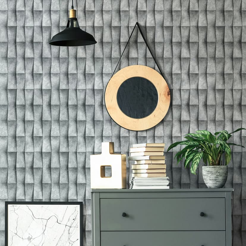 Papel pintado no tejido en gris yeso ilusión aspecto 3D rayas aspecto industrial moderno